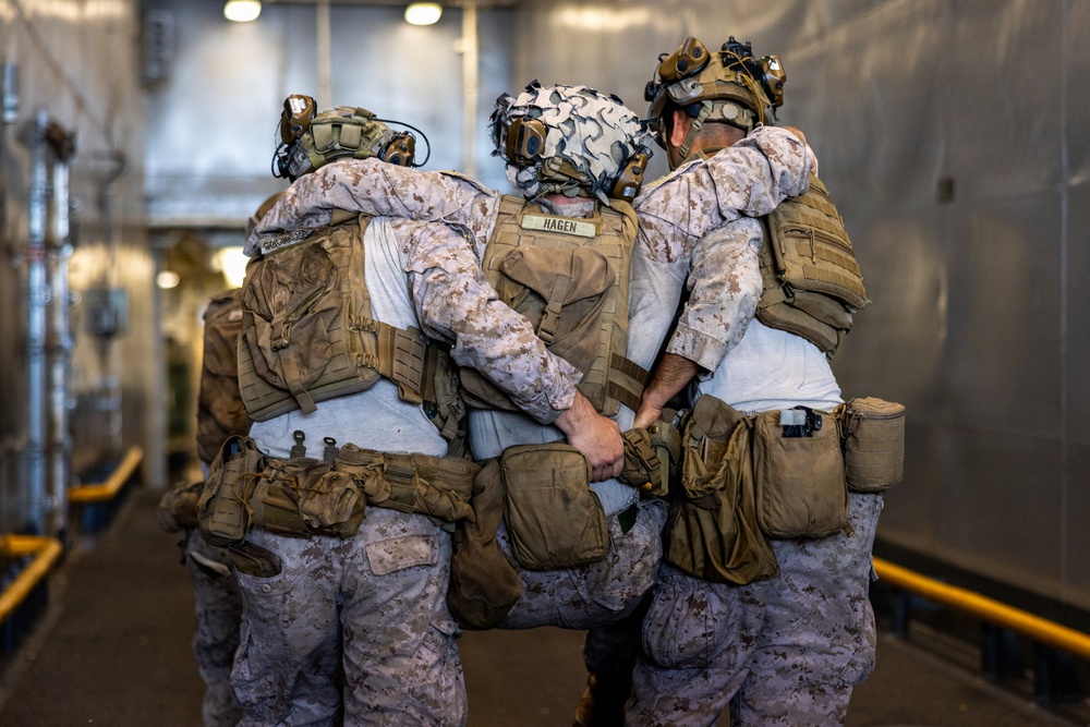 11th MEU Marines Conduct Tactical Combat Casualty Care Training Aboard USS Comstock