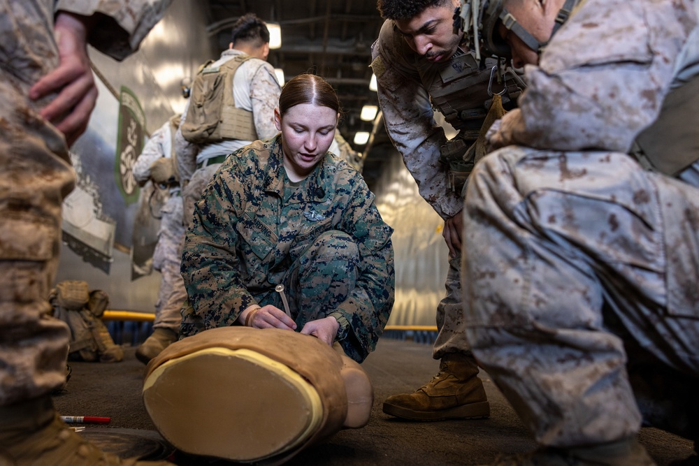 11th MEU Marines Conduct Tactical Combat Casualty Care Training Aboard USS Comstock