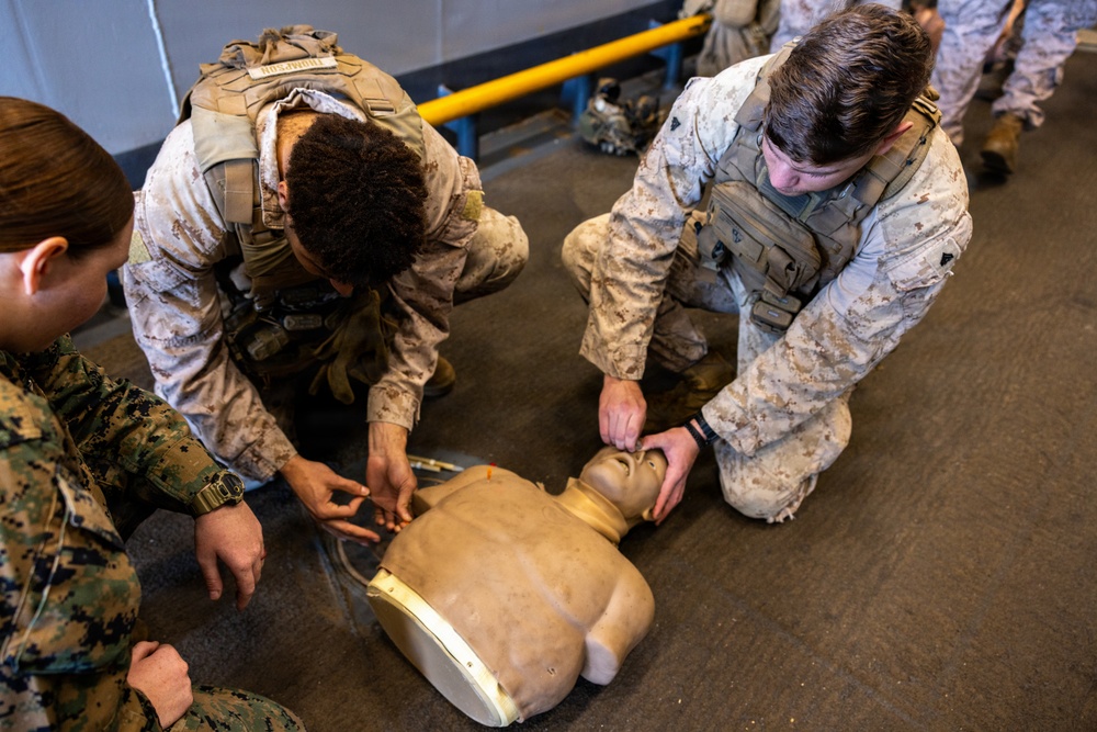11th MEU Marines Conduct Tactical Combat Casualty Care Training Aboard USS Comstock