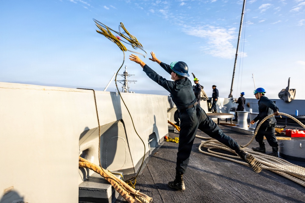 USS San Antonio (LPD 17)  conducts sea and anchor when pulling into Mayport, Florida.