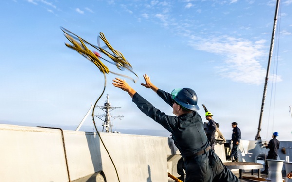 USS San Antonio (LPD 17)  conducts sea and anchor when pulling into Mayport, Florida.