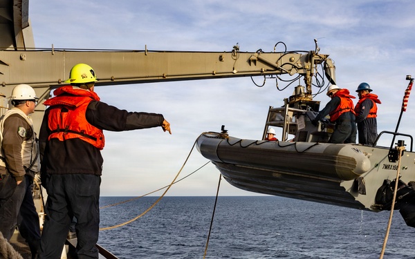 USS San Antonio (LPD 17) conducts small boat operations.