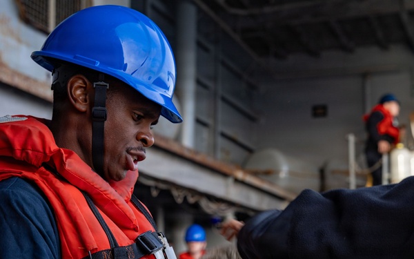 USS San Antonio (LPD 17) conducts small boat operations.