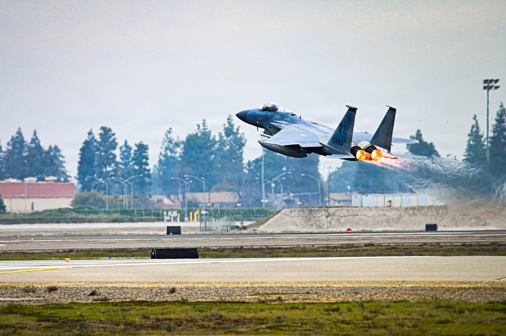 144th FW F-15C Hazy Morning Takeoff