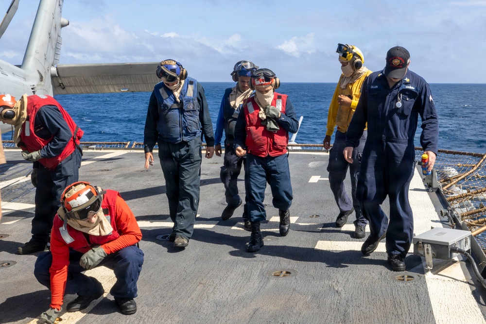U.S. Sailors Conduct a Foreign Object Debris Walkdown on the Flight Deck