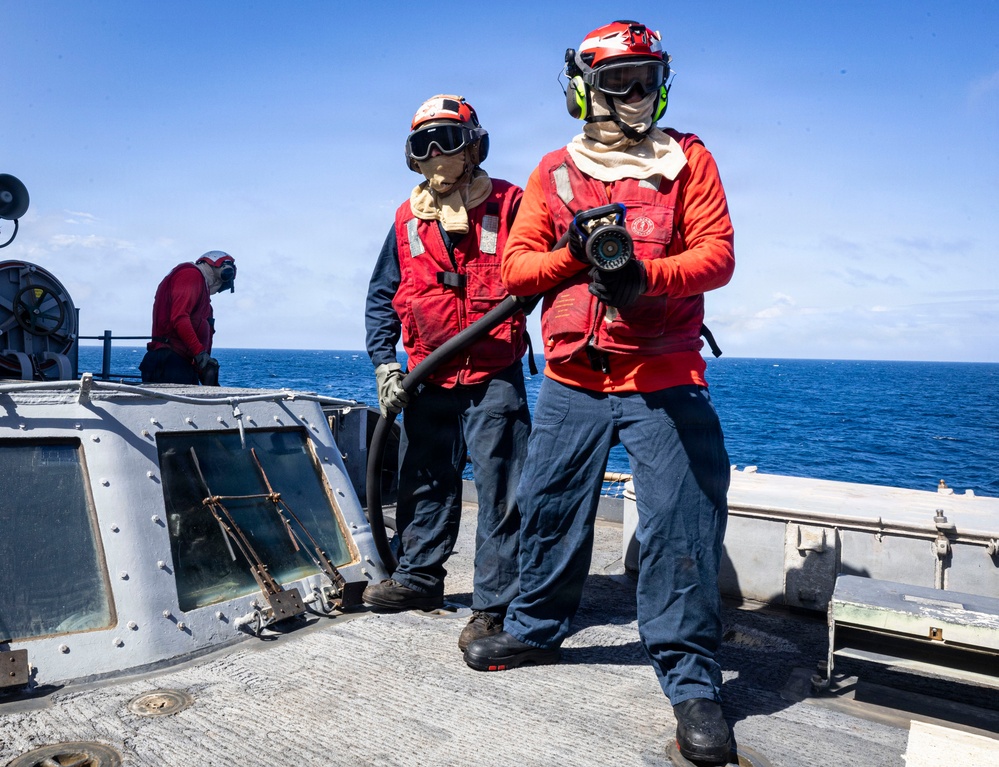 U.S. Sailors man a Firefighting Hose on the Flight Deck During a Damage Control Training Evolution
