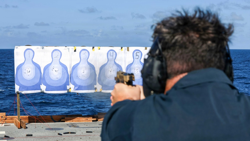 Small arms qualifications held on USS Lake Erie (CG 70)