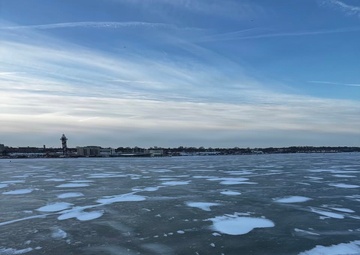 Coast Guard Cutter Bristol bay (WTGB 102) removes navigation hazards from ice on Lake Erie