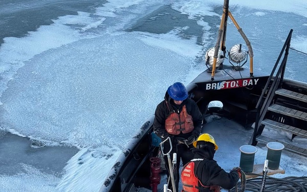 Coast Guard Cutter Bristol bay (WTGB 102) removes navigation hazards from ice on Lake Erie