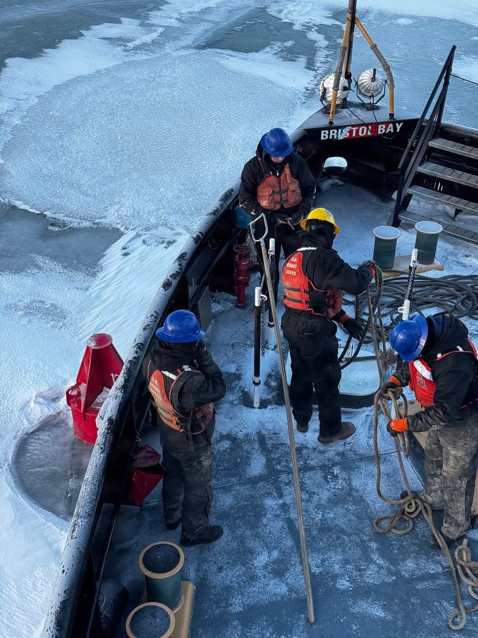 Coast Guard Cutter Bristol bay (WTGB 102) removes navigation hazards from ice on Lake Erie