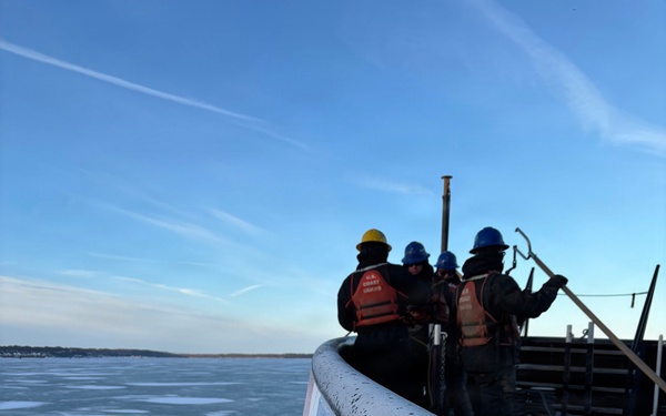 Coast Guard Cutter Bristol bay (WTGB 102) removes navigation hazards from ice on Lake Erie