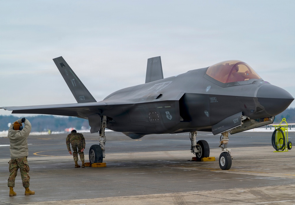 F-35A Lightning II arrives at 104th Fighter Wing for Change of Command ceremony