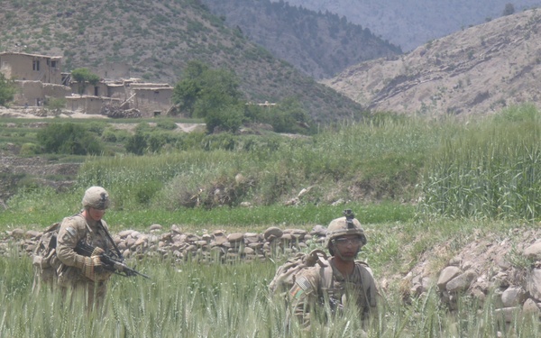 Soldiers patrol field