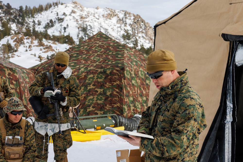 U.S. Marines with 2nd Bn., 4th Marines attend mountain survival class during MTX 1-26