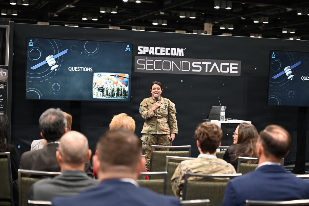 Col. Shannon DaSilva, Space Delta 10's commander, presents at the Space Mobility Conference