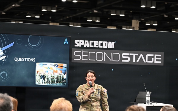Col. Shannon DaSilva, Space Delta 10's commander, presents at the Space Mobility Conference