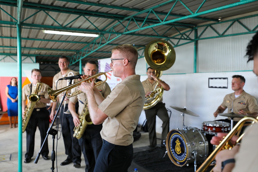 U.S. Naval Forces Europe and Africa Band (Topside Brass Band) perform for students and teachers at Vent d'un Rêve