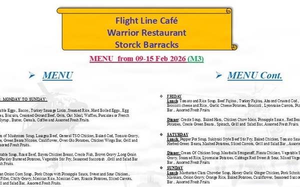 Flightline Cafe Warrior Restaurant menu 9-15 Feb.
