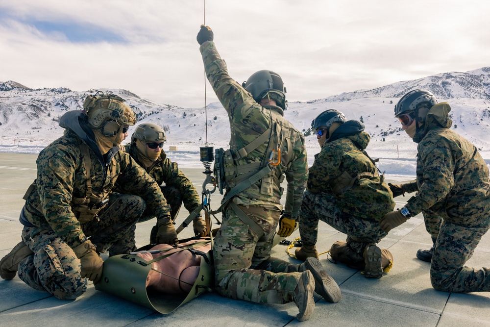U.S. service members practice joint-service casualty evacuation drills during Mountain Medicine Course 1-26