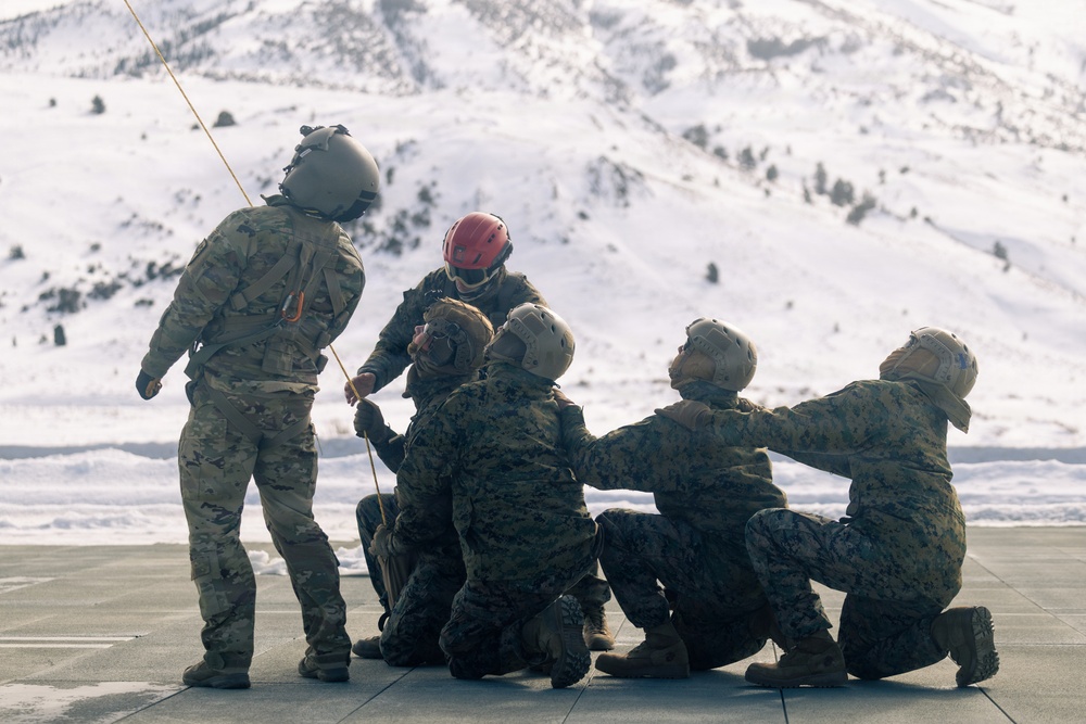 U.S. service members practice joint-service casualty evacuation drills during Mountain Medicine Course 1-26