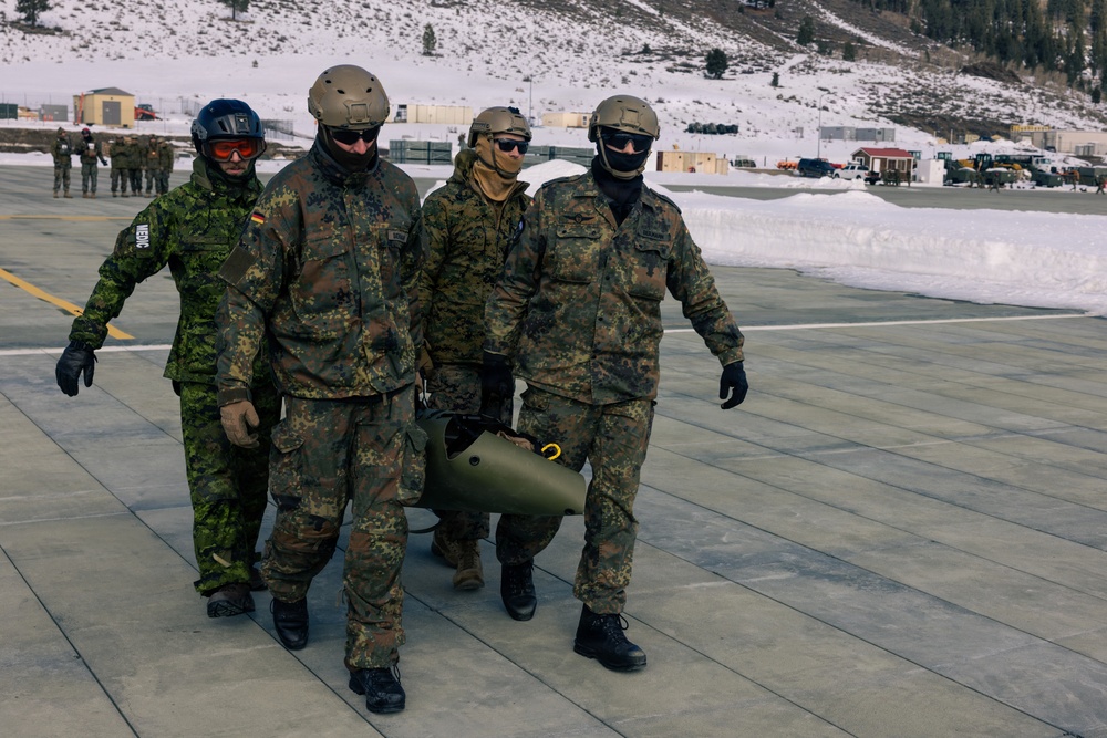 U.S. service members practice joint-service casualty evacuation drills during Mountain Medicine Course 1-26