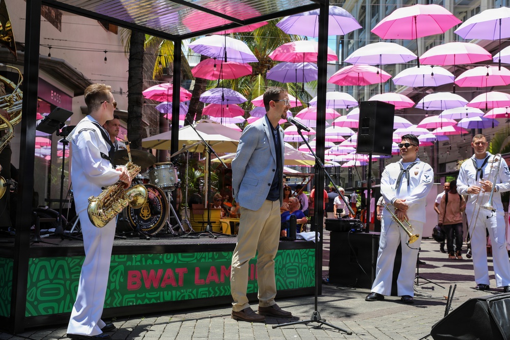 U.S. Naval Forces Europe and Africa Band (Topside Brass Band) plays at Caudan Waterfront (Umbrella Concert)