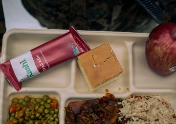 U.S. Marines with 2nd Bn., 4th Marines receive hot food during MTX 1-26