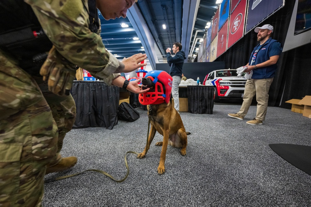 U.S. Coast Guard Maritime Safety and Security Team conduct K-9 sweeps in preparation for the Super Bowl.