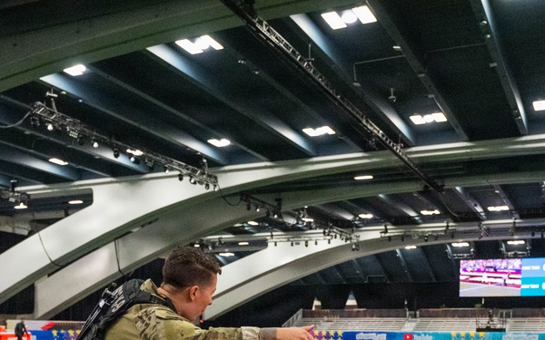 U.S. Coast Guard Maritime Safety and Security Team conduct K-9 sweeps in preparation for the Super Bowl.