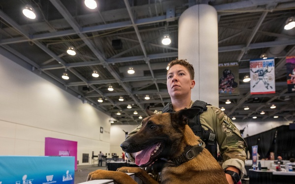 U.S. Coast Guard Maritime Safety and Security Team conduct K-9 sweeps in preparation for the Super Bowl.