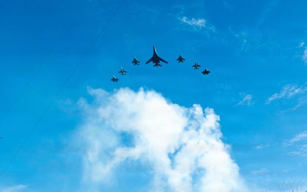 8-aircraft joint flyover conducted by Air Force, Navy, Air National Guard at 2026 Super Bowl LX
