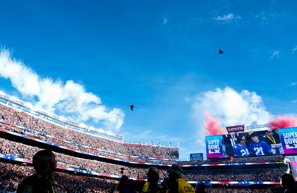 8-aircraft joint flyover conducted by Air Force, Navy, Air National Guard at 2026 Super Bowl LX