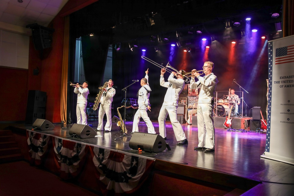 U.S. Naval Forces Europe and Africa Band (Topside Brass Band) perform at the Serge Constantin Theatre in Mauritius during Cutlass Express 2026 (CE 26)