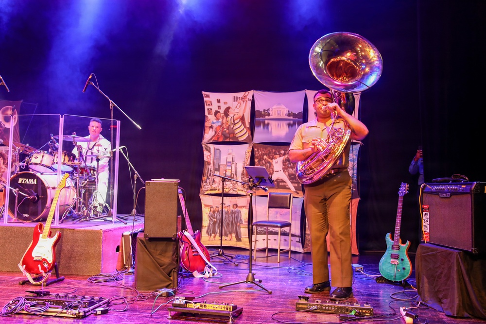 U.S. Naval Forces Europe and Africa Band (Topside Brass Band) perform at the Serge Constantin Theatre in Mauritius during Cutlass Express 2026 (CE 26)