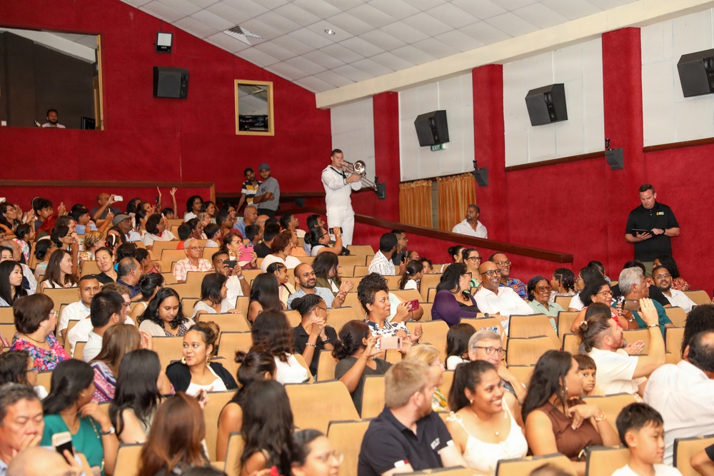 U.S. Naval Forces Europe and Africa Band (Topside Brass Band) perform at the Serge Constantin Theatre in Mauritius during Cutlass Express 2026 (CE 26)