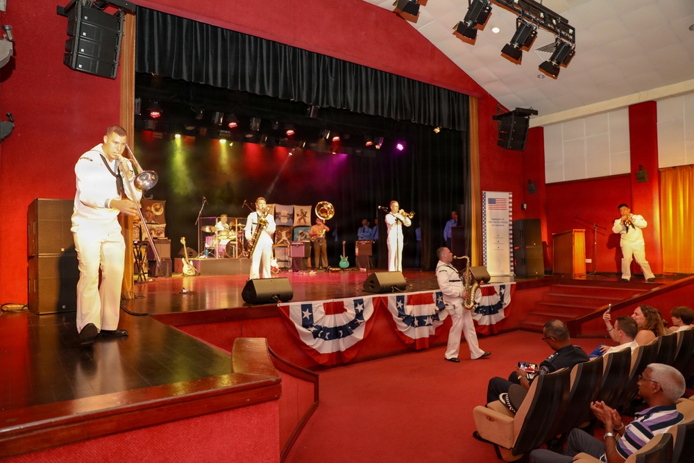 U.S. Naval Forces Europe and Africa Band (Topside Brass Band) perform at the Serge Constantin Theatre in Mauritius during Cutlass Express 2026 (CE 26)