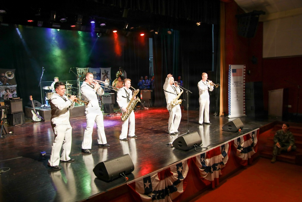 U.S. Naval Forces Europe and Africa Band (Topside Brass Band) perform at the Serge Constantin Theatre in Mauritius during Cutlass Express 2026 (CE 26)