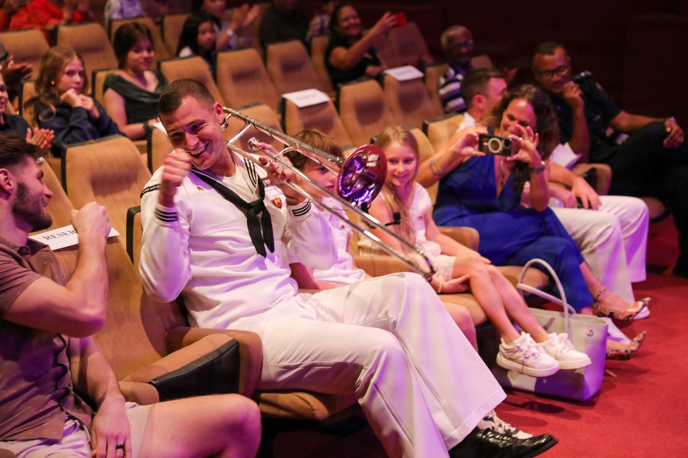 U.S. Naval Forces Europe and Africa Band (Topside Brass Band) perform at the Serge Constantin Theatre in Mauritius during Cutlass Express 2026 (CE 26)