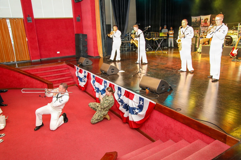 U.S. Naval Forces Europe and Africa Band (Topside Brass Band) perform at the Serge Constantin Theatre in Mauritius during Cutlass Express 2026 (CE 26)