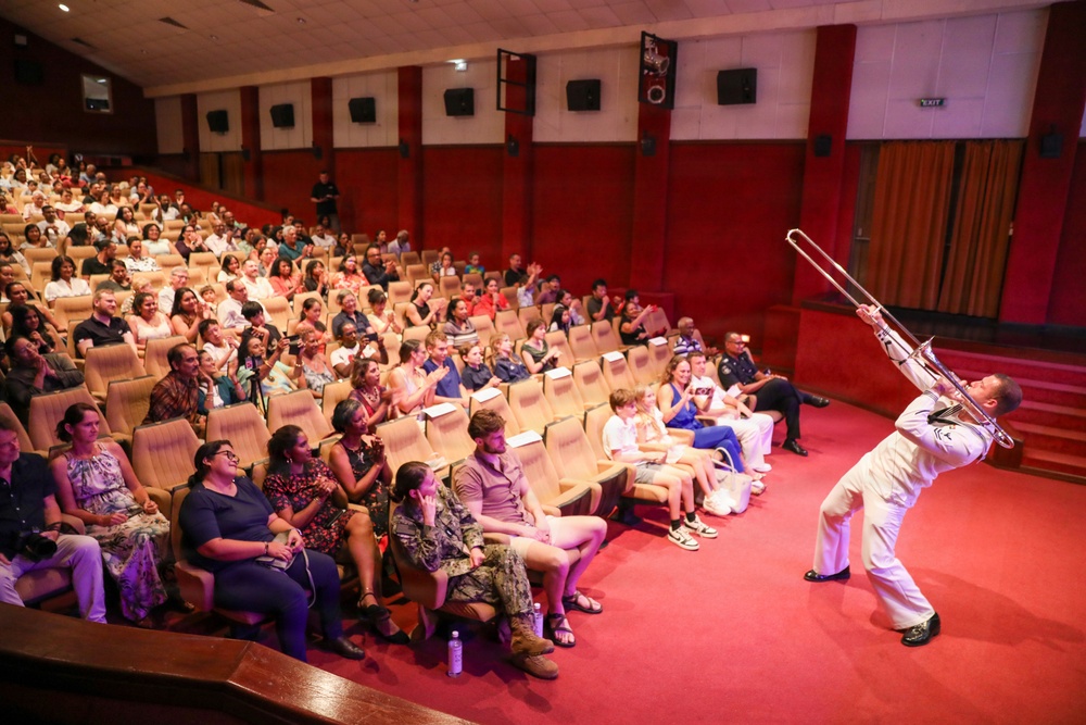 U.S. Naval Forces Europe and Africa Band (Topside Brass Band) perform at the Serge Constantin Theatre in Mauritius during Cutlass Express 2026 (CE 26)