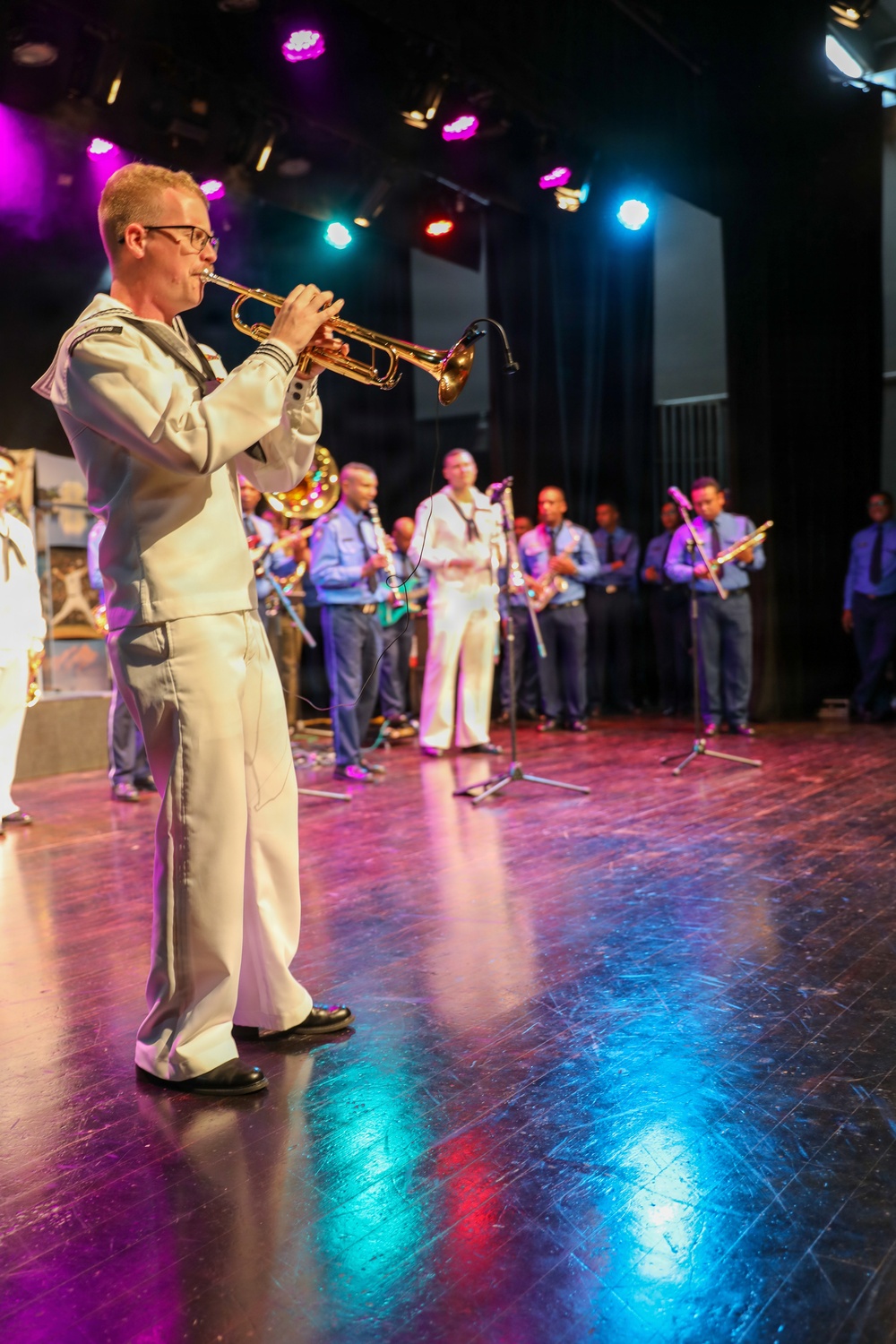 U.S. Naval Forces Europe and Africa Band (Topside Brass Band) perform at the Serge Constantin Theatre in Mauritius during Cutlass Express 2026 (CE 26)