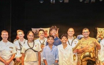 U.S. Naval Forces Europe and Africa Band (Topside Brass Band) perform at the Serge Constantin Theatre in Mauritius during Cutlass Express 2026 (CE 26)
