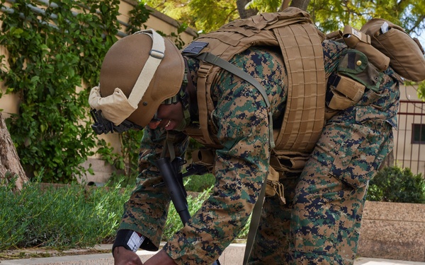 U.S. Marines with FAST Company Europe and Marine Security Guards conduct a emergency action test