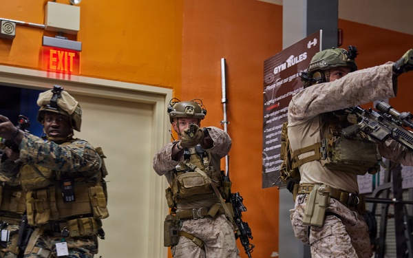 U.S. Marines with FAST Company Europe and Marine Security Guards conduct a emergency action test