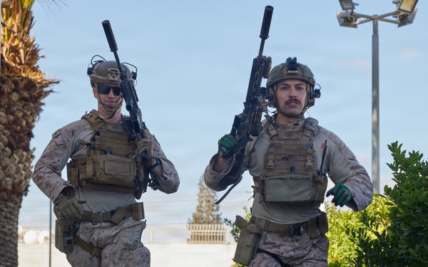 U.S. Marines with FAST Company Europe and Marine Security Guards conduct a emergency action test