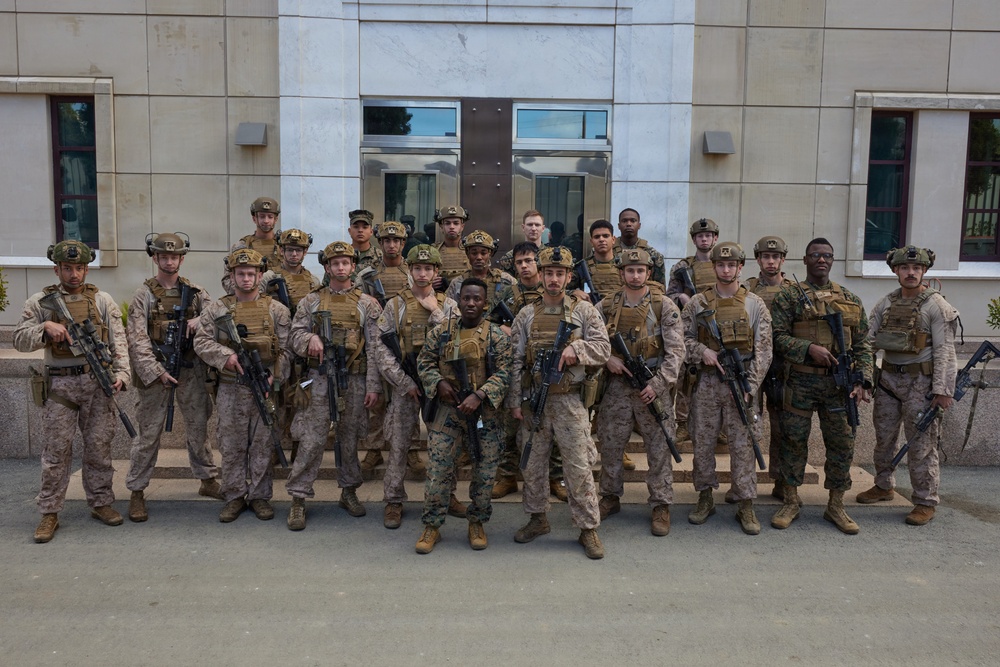 U.S. Marines with FAST Company Europe and Marine Security Guards conduct a emergency action test
