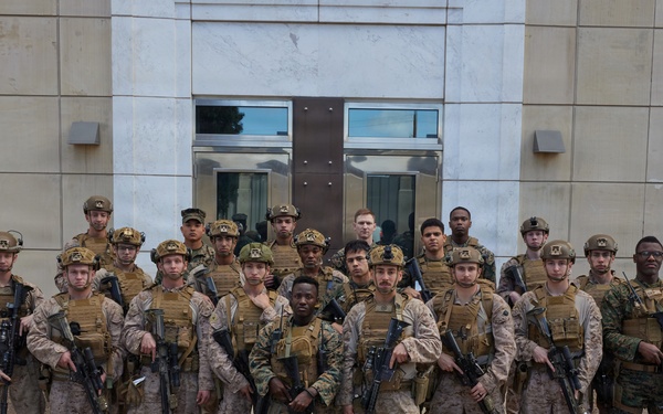 U.S. Marines with FAST Company Europe and Marine Security Guards conduct a emergency action test