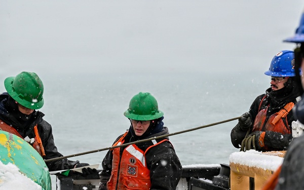 Coast Guard Cutter Bristol bay (WTGB 102) conducts buoy operations on the Great Lakes