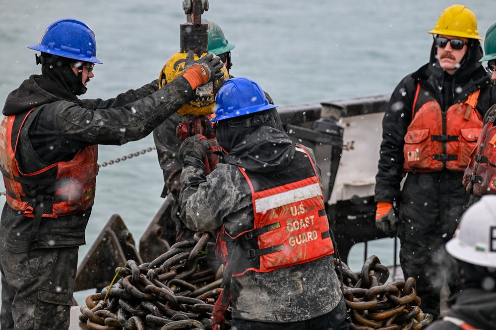 Coast Guard Cutter Bristol bay (WTGB 102) conducts buoy operations on the Great Lakes