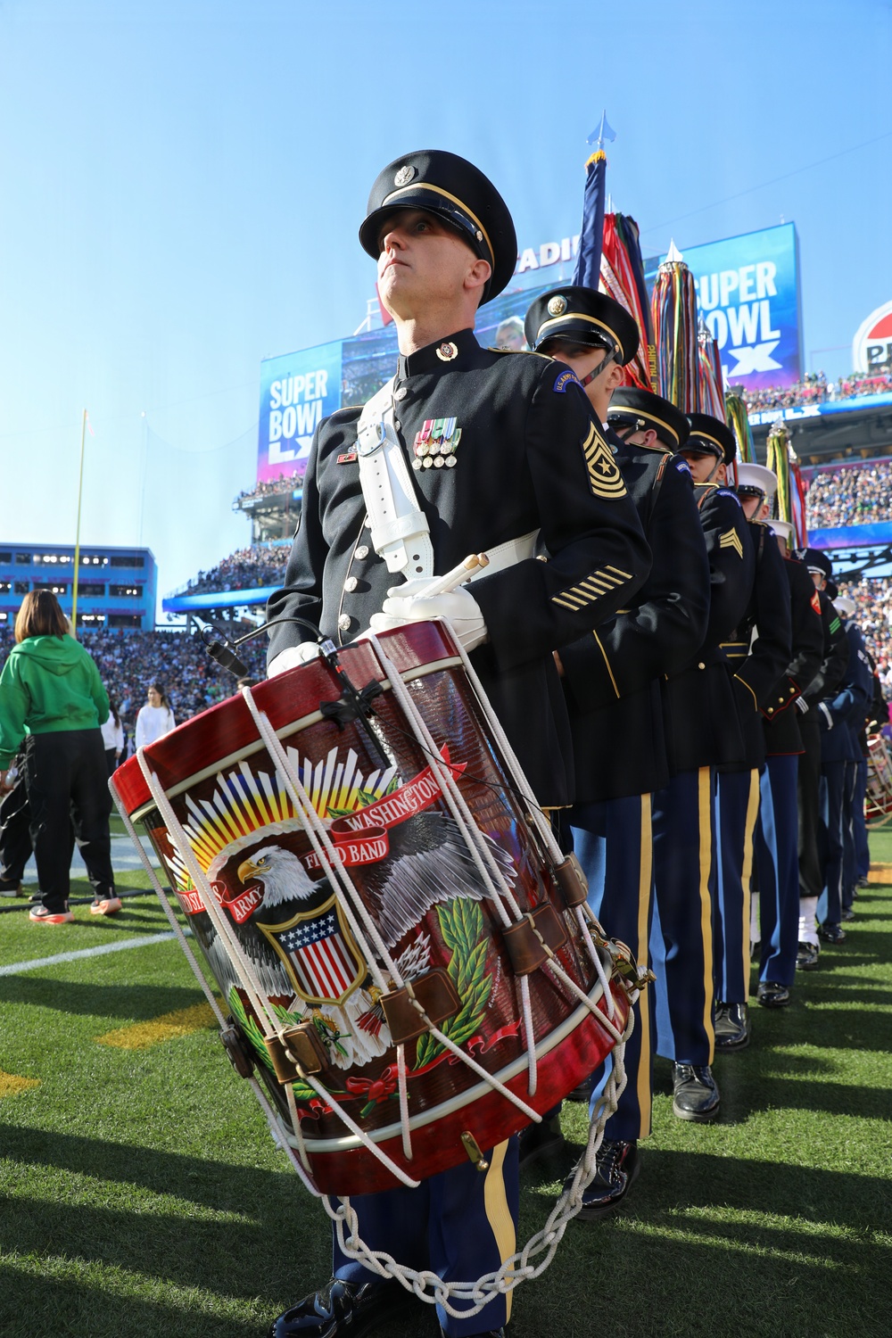 Army Drummer Leads the Color Guard at Super Bowl LX